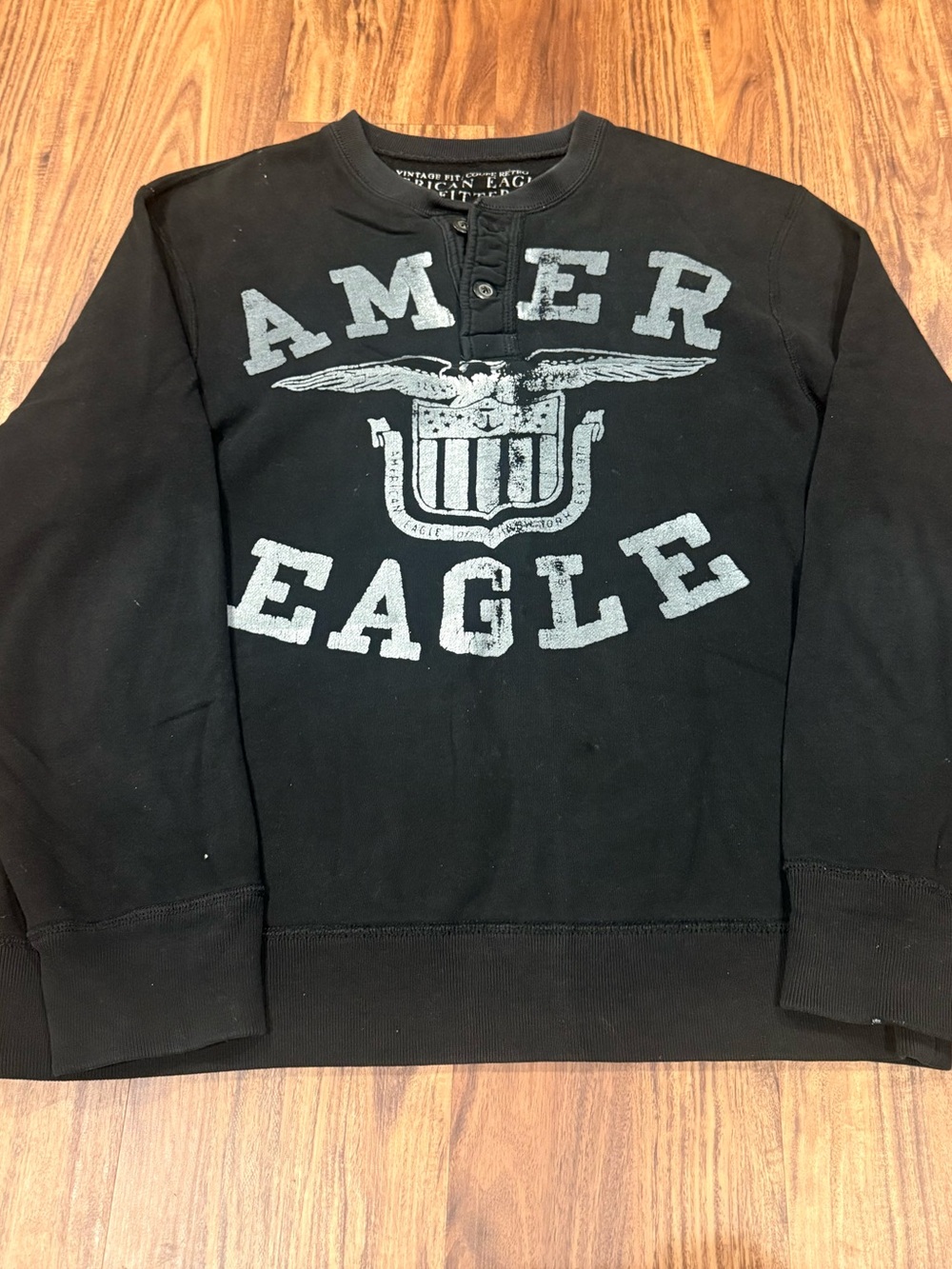 American Eagle Henley Shirt Mens XL Black Y2K Eagle Graphic Long Sleeve